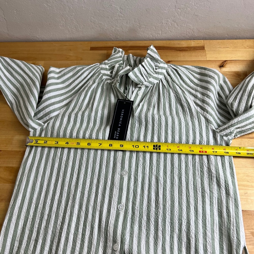 Veronica Beard Calisto Striped Ruffle Neck Button Up Shirt Seersucker 0 = XS NEW - Picture 10 of 11